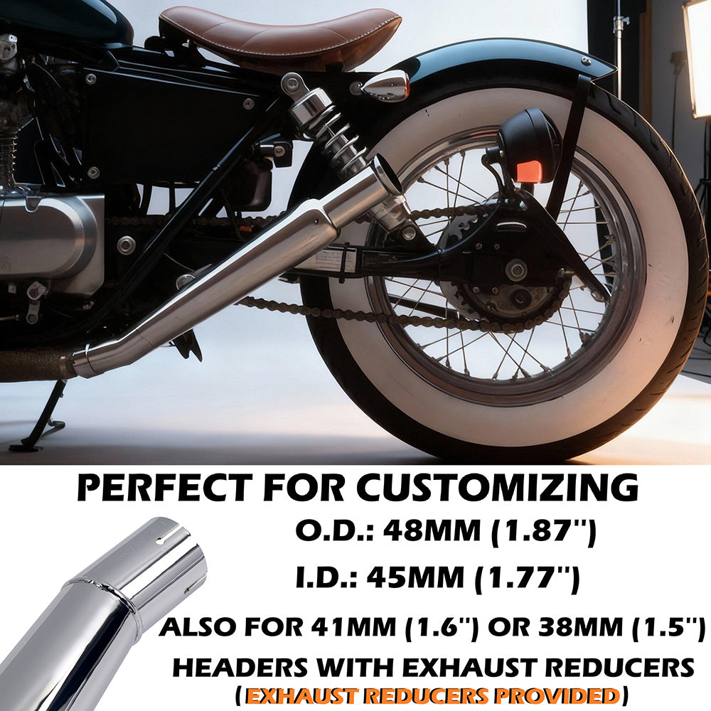 Trumpet Style Muffler Extension - Upswept Exhaust Softail - Single Muffler for 1-1/2 Inch to 1-3/4 inch Head Pipes, Baffled Rich Rumble Sound