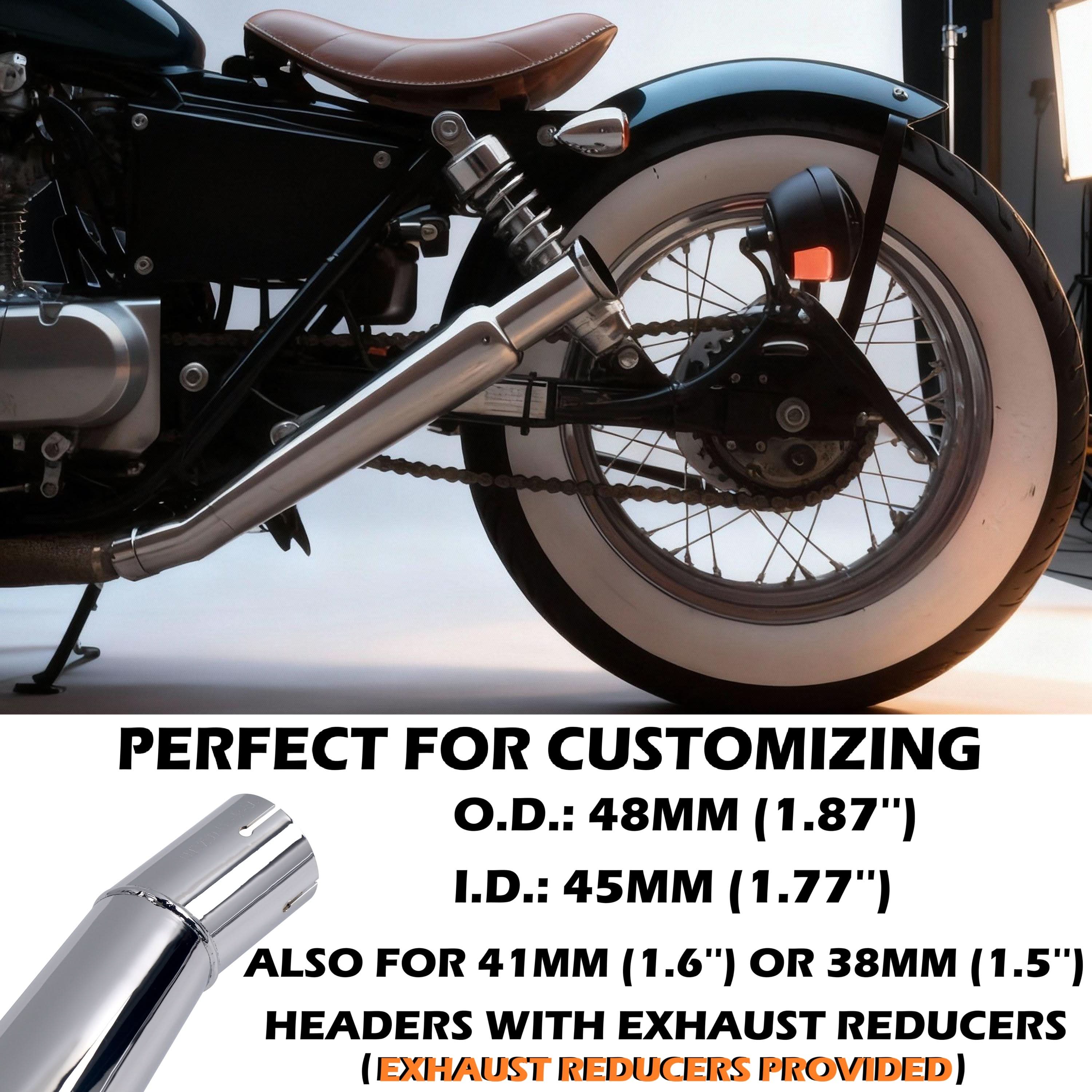 Trumpet Style Muffler Extension - Upswept - Single Muffler for 1-1/2 Inch to 1-3/4 inch Head Pipes, Baffled Rich Rumble Sound