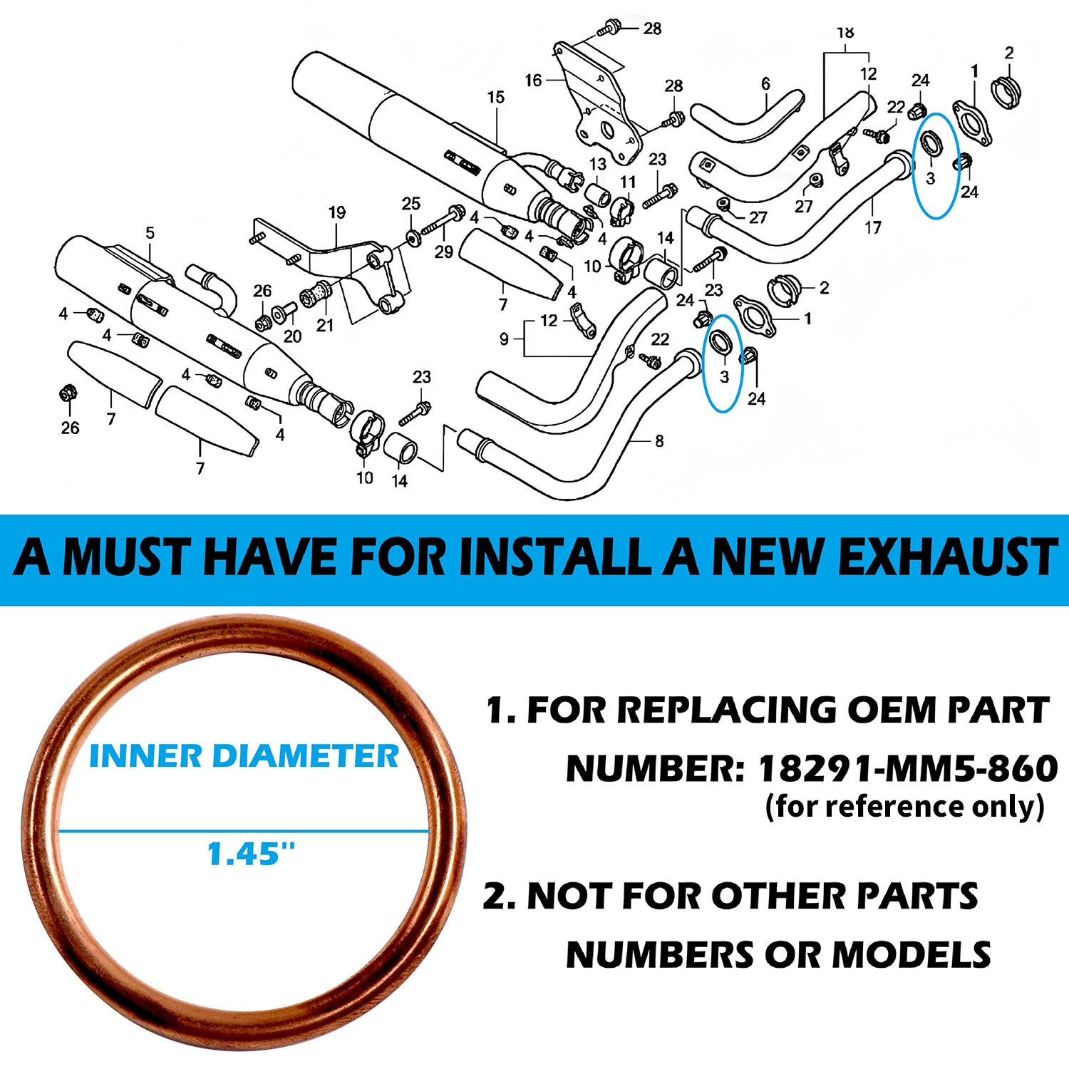 OEM Style Replacement Copper Exhaust Gasket for Honda VT750 Shadow 1989-2024