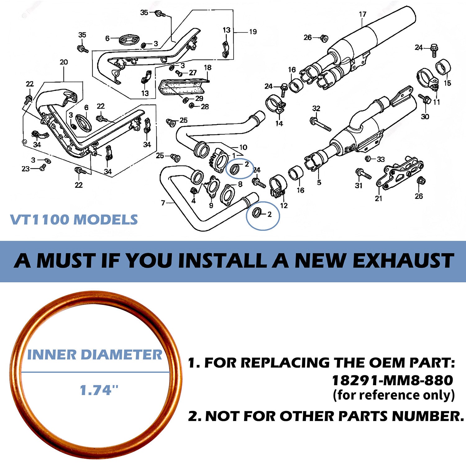 OEM Style Replacement Copper Exhaust Gasket for Honda VT1100 SHADOW & VTR1000F