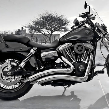 Bad Ass Style Stepped 2-Into-2 Exhaust For Harley Dyna 2006-2017 Models, Performance Great With Full Coverage Heat Shield
