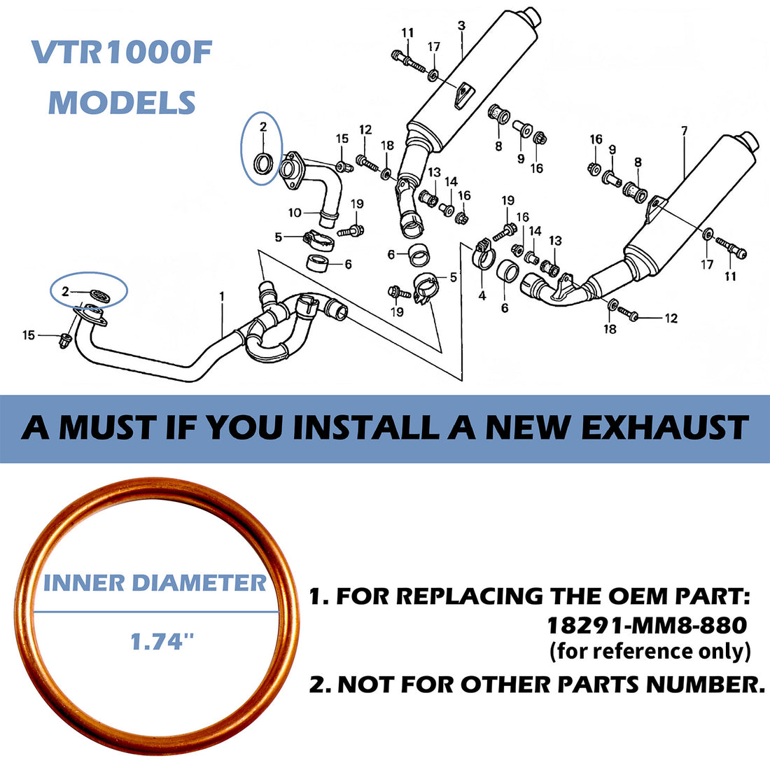 OEM Style Replacement Copper Exhaust Gasket for Honda VT1100 SHADOW & VTR1000F - Ring Shark