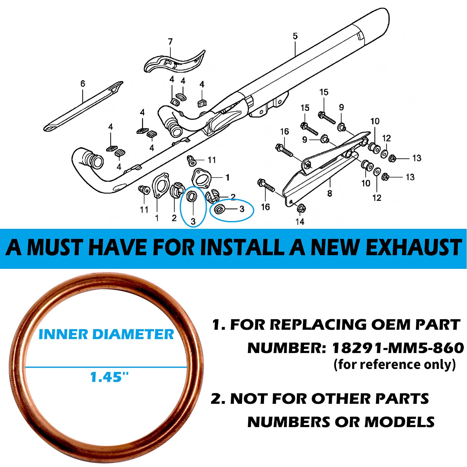 OEM Style Replacement Copper Exhaust Gasket for Honda VT750 Shadow 1989-2024