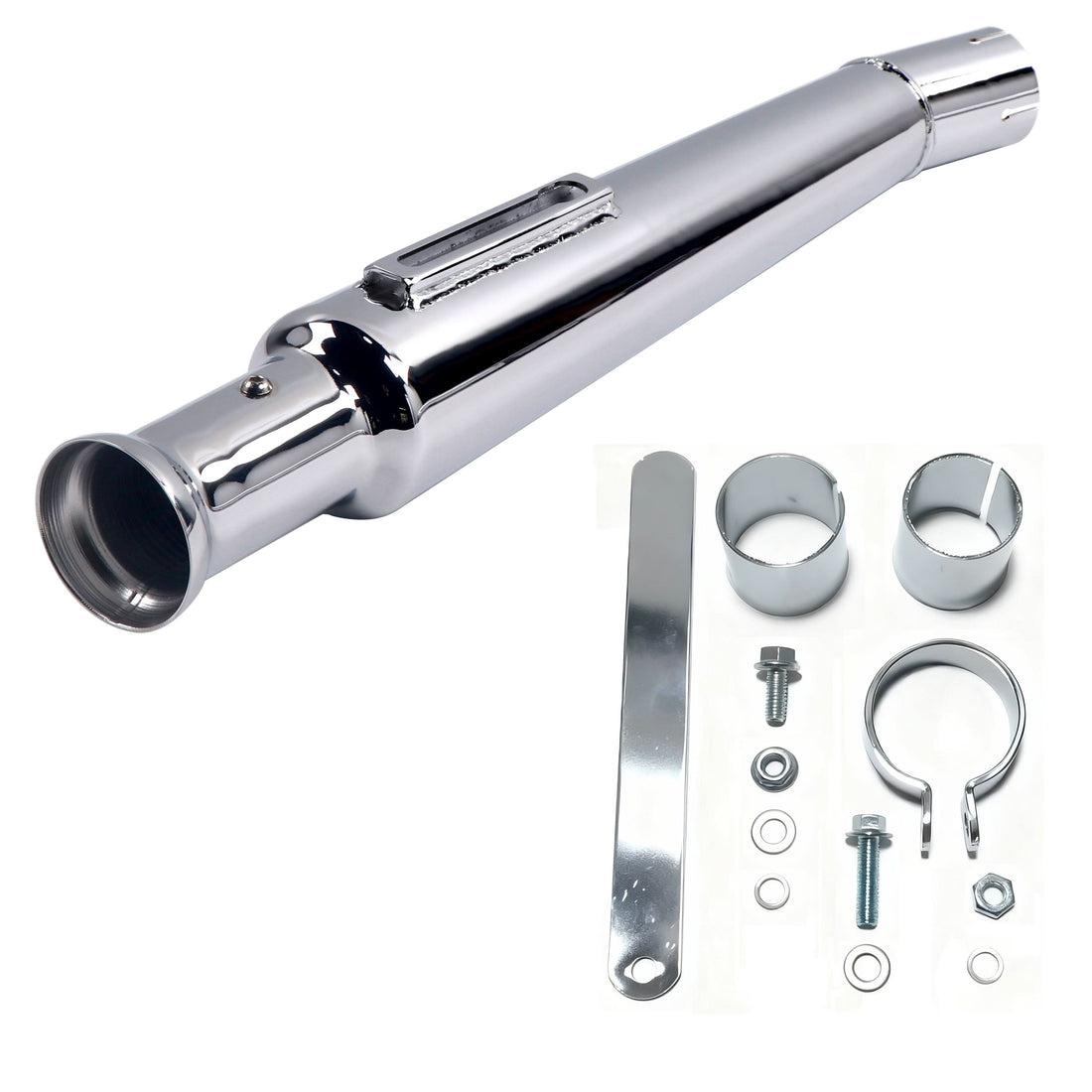 Trumpet Style Muffler Extension - Upswept - Single Muffler for 1-1/2 Inch to 1-3/4 inch Head Pipes, Baffled Rich Rumble Sound