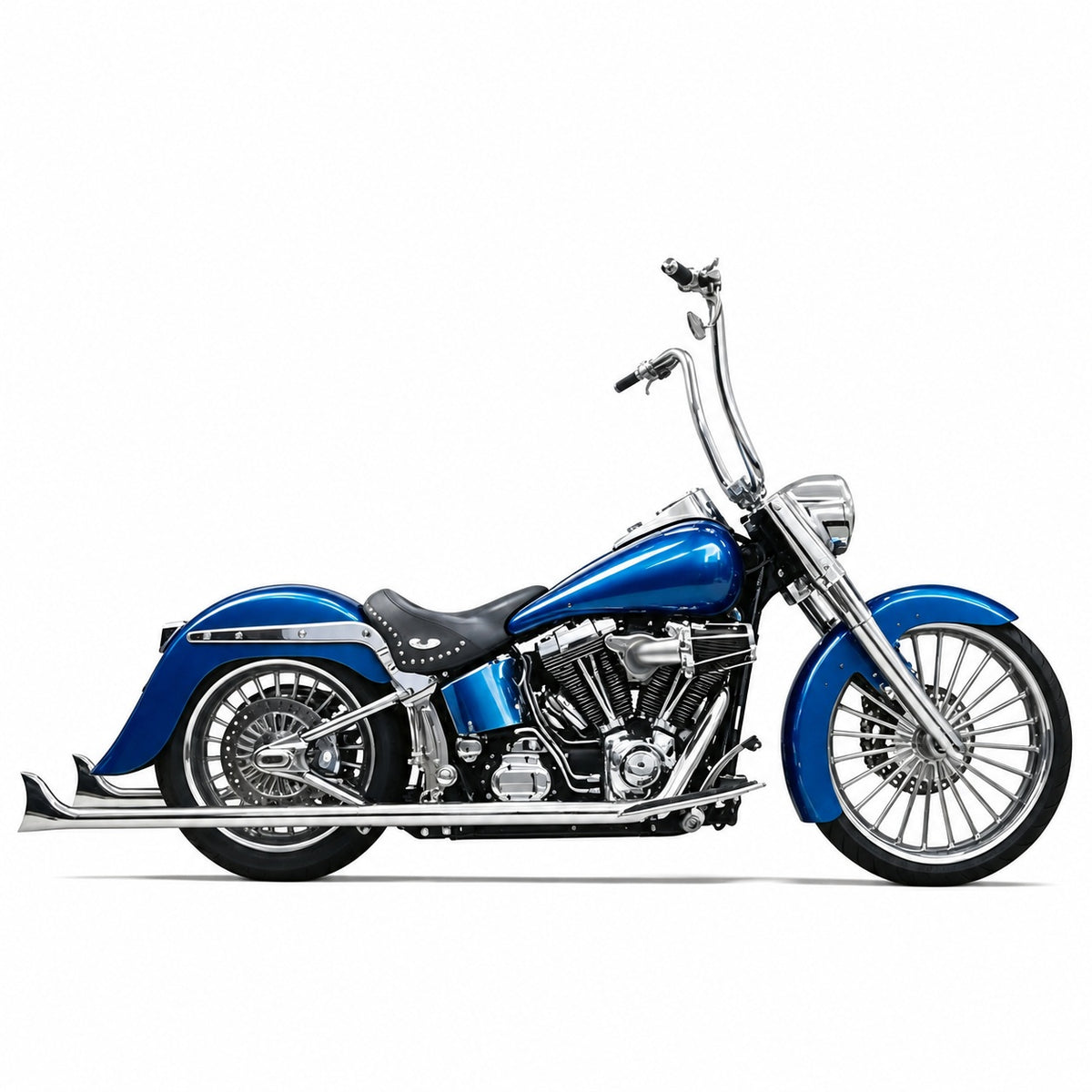 Ring Shark True Dual 1 7/8" Fishtail Exhaust W/O Baffles Cholo Full System Softail Performance for Harley Softail 2000-2017 Models Upswept Fishtails BACK ORDER